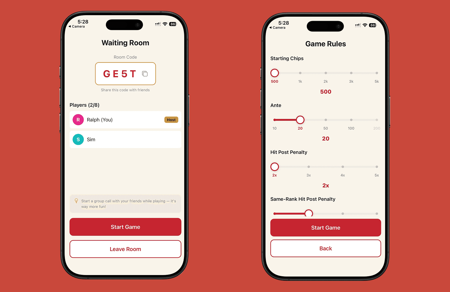 Room creation, game rules, and waiting room